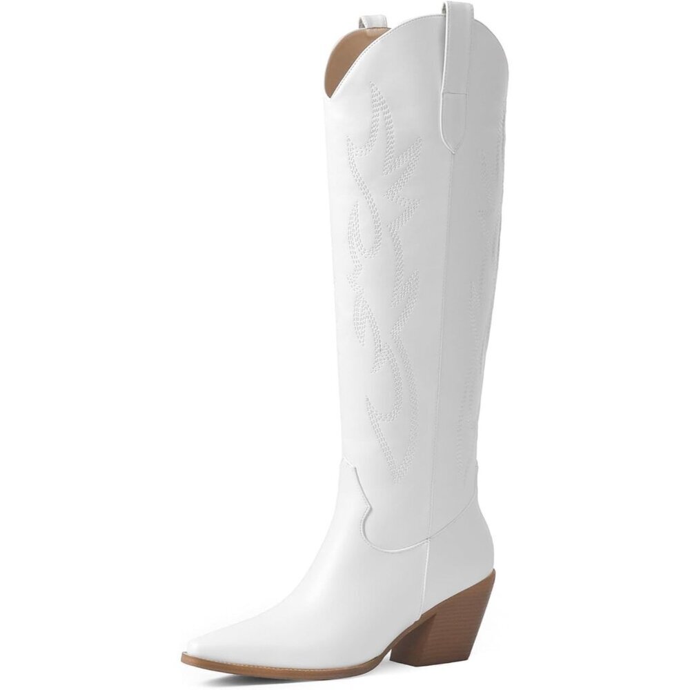 Women Pu White Knee High Pointed Toe Block Heel Cowboy Western Embroidered Boots
